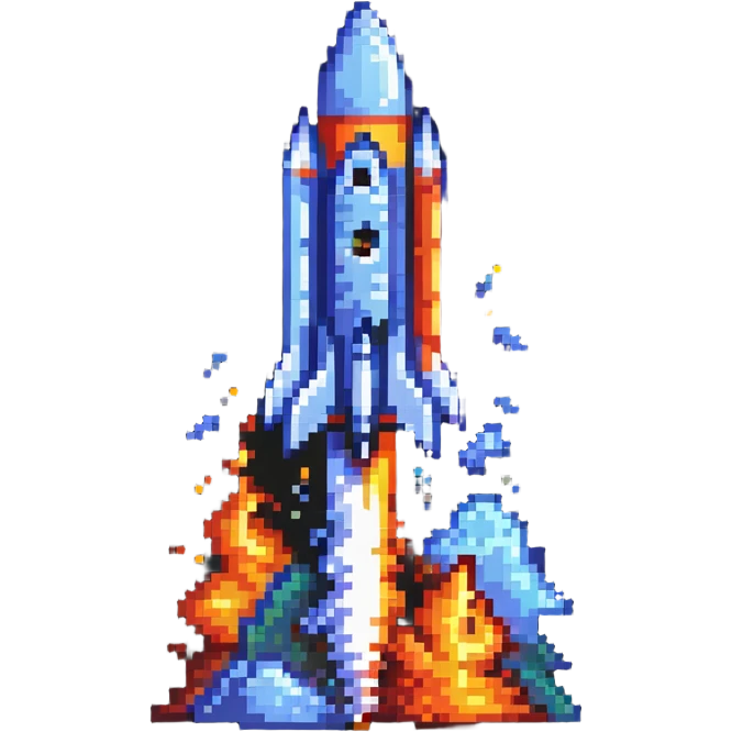 A pixel art rocket launching upward with fire and smoke trail emoji
