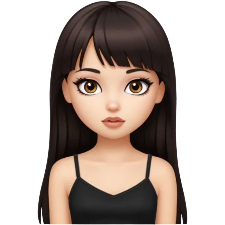 generate a pretty bratz girl in black cami top, dark brown straight long hair with bangs, eyeliner on,  emoji