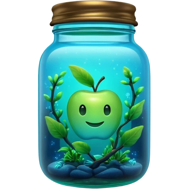 3D render of Firefly Jar, bioluminescent deep sea style, glowing neon blue and green lights, dark background to contrast the glow, translucent organic textures, Apple emoji style. emoji
