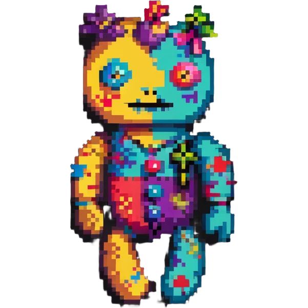 A colorful pixelated voodoo doll with bright fabric patches in different colors, button eyes, and colorful pins emoji