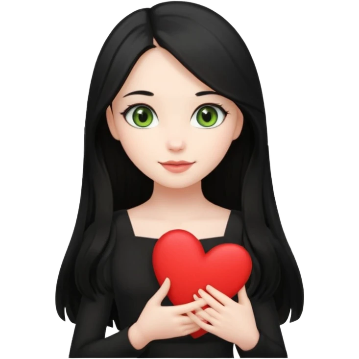 Pale girl with long black hair and olive green eyes soft smile wearing black dress and holding a heart emoji