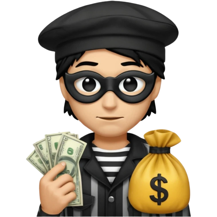 a short ios emoji-style portrait of a classic burglar, a black eye mask and a black-and-white striped shirt. emoji-like hair, black hat, a bag of money 💰 with a dollar sign in a right corner, evil expression  emoji