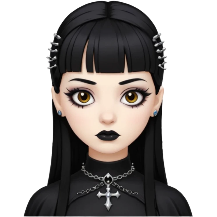Faça uma moça de cabelo preto e micro micro franja pálida e com maquiagem gótica pesada olhos castanhos escuro  emoji