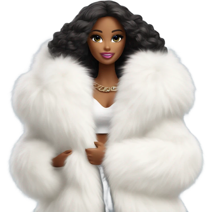 Barbie in an extremely big fluffy oversized white fur coat with hood on. The fur is real and it’s very obvious big and fluffy like in Pinterest  emoji