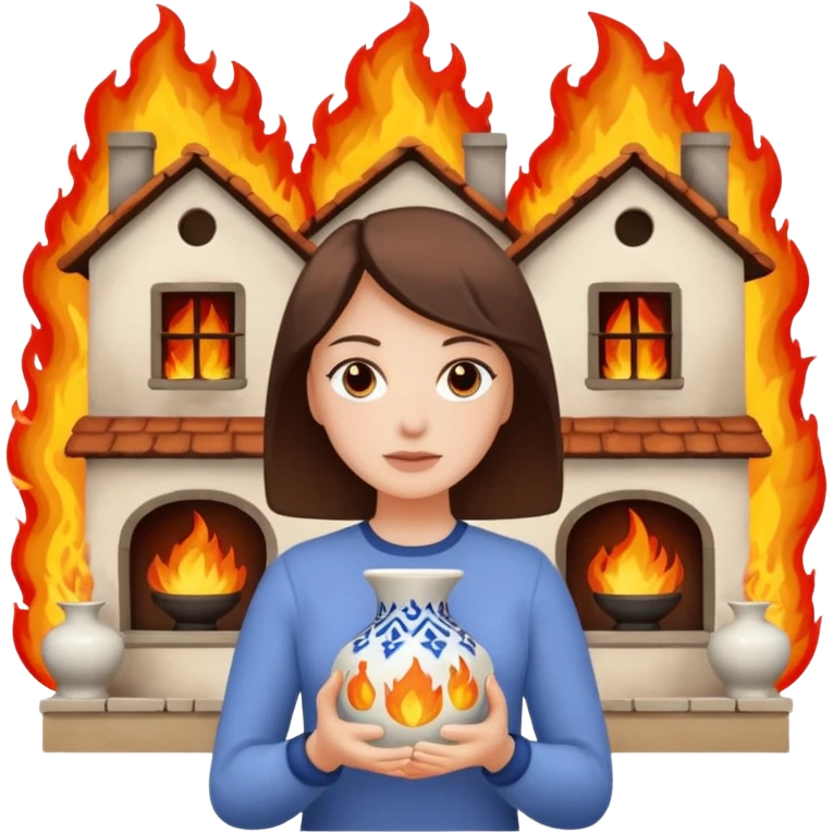 woman holding 2 vases in her hand in front of a burning house emoji