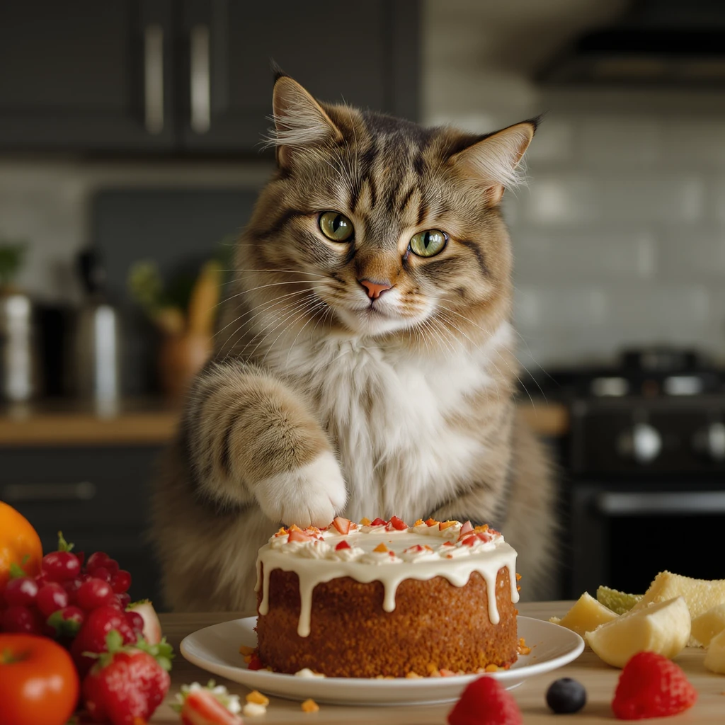 realistic cat in a kitchen baking a cake that looks like a dog emoji