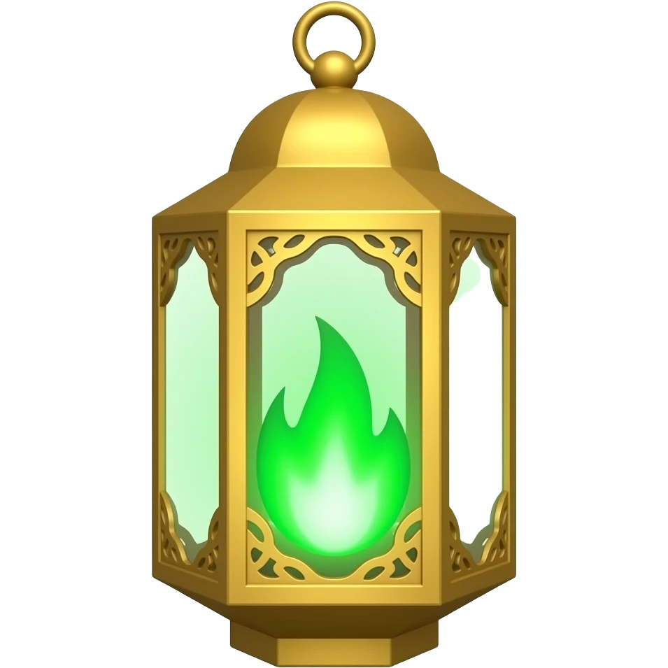 A golden hanging lantern with a bright emerald green flames, an empty loop on top, fae filigree themed, but simple focus more on the green flame emoji