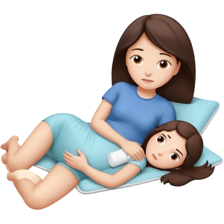  a brunette girl lying down on her side, holding a warm heating pad against her lower belly. She's uncomfortable and sad, her posture should show she’s having menstrual cramps. Use simple lines, rounded shapes, soft colors, and a clean emoji aesthetic. Make it expressive but still adorable emoji