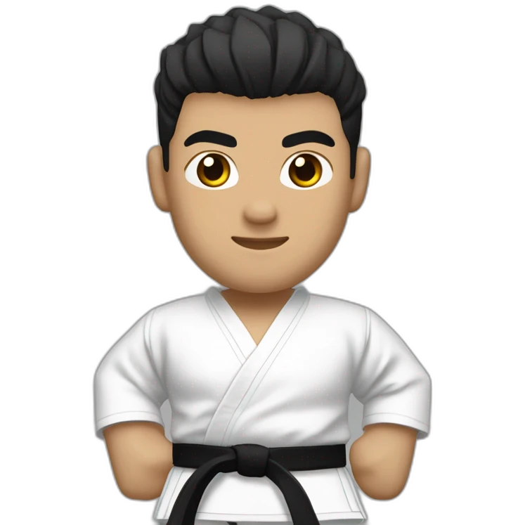man wearing a karate-gi (all white, with a black belt at the waist), with very light brown skin, black hair spikes, black eyes slightly slanted emoji