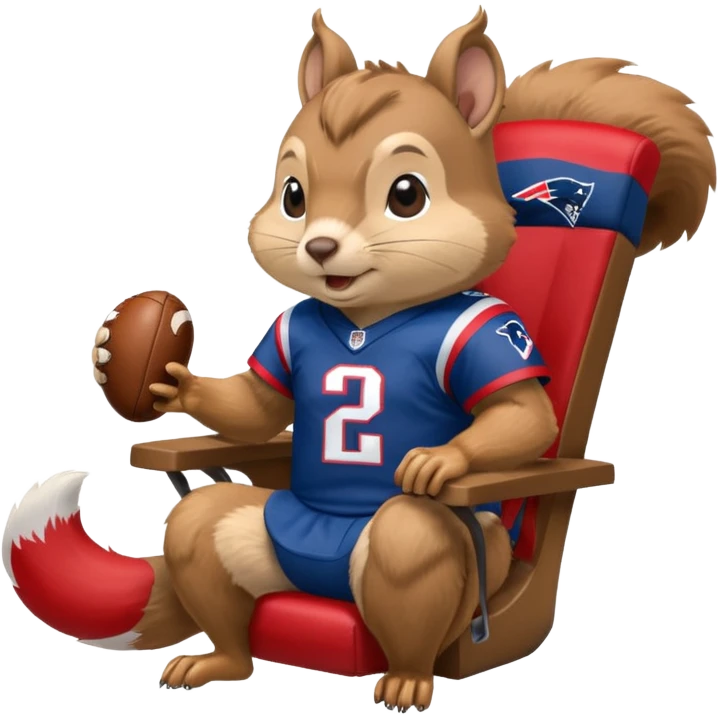gaming chair with a squirrel sitting on it wearing patriots jersy emoji