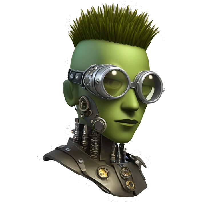 Olive green mohawk cyborg head with silver steampunk goggles, goatee and circuits emoji