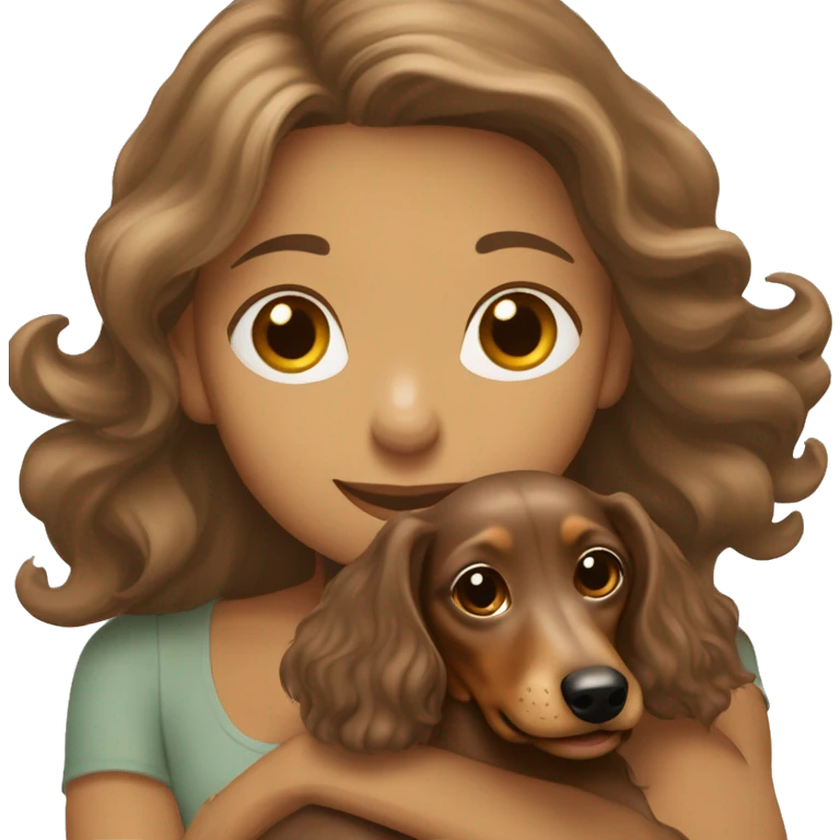 long light brown wavy haired girl hugging a mini long haired dapple dachshund  emoji