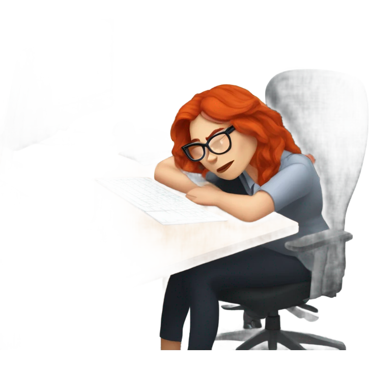 red hair woman nutritionist wearing glasses taking nap desk monitor  emoji