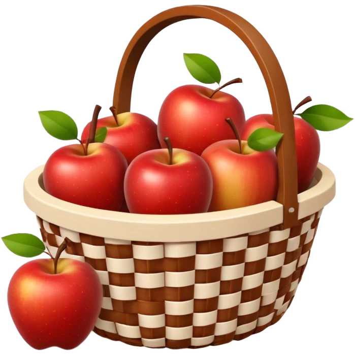 woven basket with apples on a white wooden chair. The basket is lined with checkered cloth, brown emoji