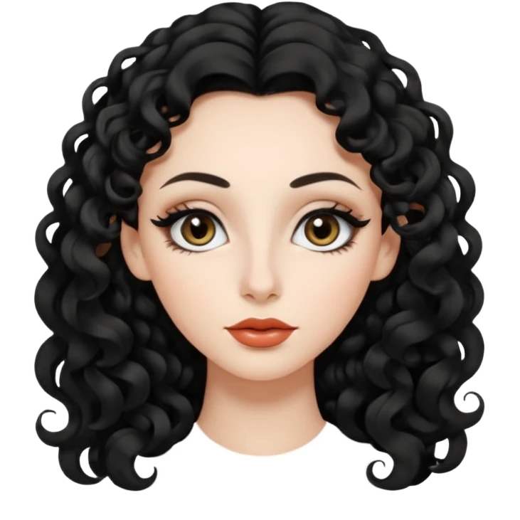 persona mujer con piel clara y rizos suaves color negro y largos  y sin volumen y con delineador en los ojos y con los labios medianos, ojos almendrados y nariz respringada y el fondo blanco emoji