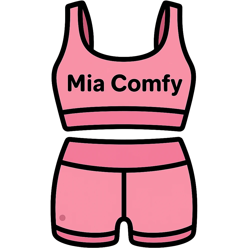 Add the name 'Mia Comfy' in a clear, stylish font on the pink yoga top. Keep the background transparent. emoji
