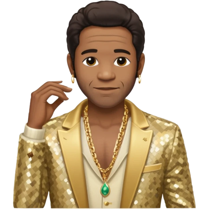 Al Green with dark brown hair, cream sequin jacket, shirtless with necklace emoji