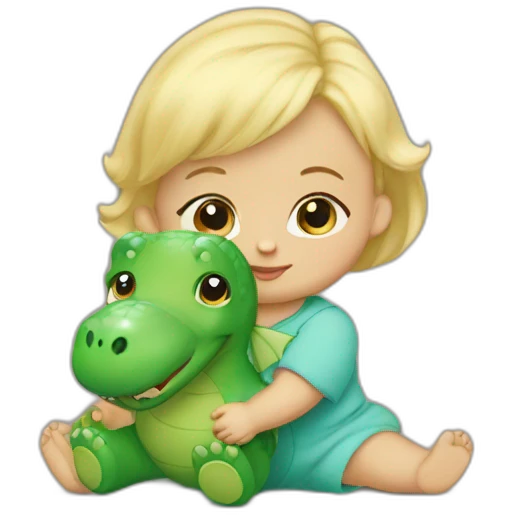 A blond baby girl, 3 months old, holding a green dino teddy bear  emoji