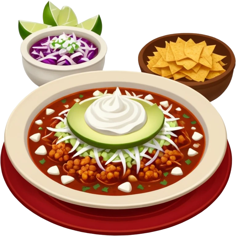 hot pozole rojo with steam, hominy, and sides: onions, shredded cabbage, lime wedges, red chile de arbol salsa, and tostadas lightly smeared with sour cream emoji