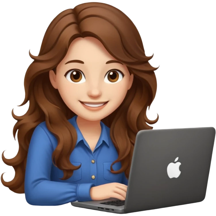 Sitting in front of a laptop in the style of a cute female developer. Not wearing glasses, smiling with long hair waves. Early 20s
 emoji