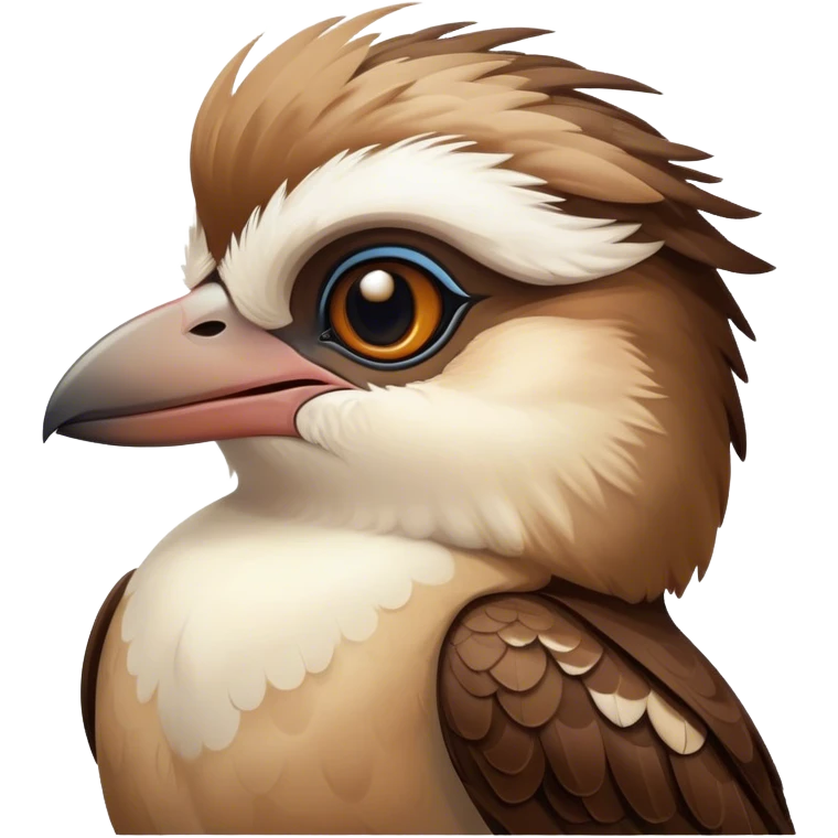 Cinematic Noble Kookaburra Portrait Emoji, Poised and regal, with a stout, robust build and a striking plumage of earthy browns and creams, a strong beak and deep-set soulful eyes, Simplified yet sharp and sophisticated features, highly detailed, glowing with a soft, dignified glow, high shine, intelligent and exuberant, stylized with an air of native woodland majesty, focused and attentive, soft glowing outline, capturing the essence of a watchful and confident bird, so majestic it feels as though it could laugh out of the screen with effortless authority! emoji