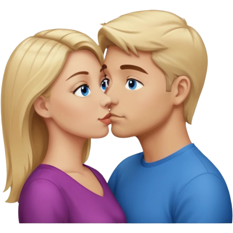 Man with blonde hair and blue eyes kissing his wife with brown hair and brown eyes  emoji