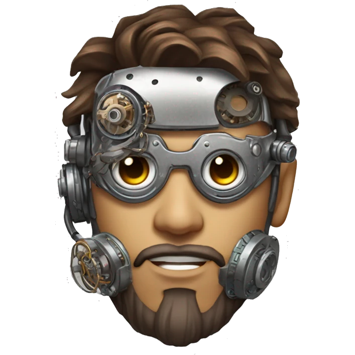 male cyborg head with brown short hair, brown beard, silver steampunk goggles and circuitry emoji