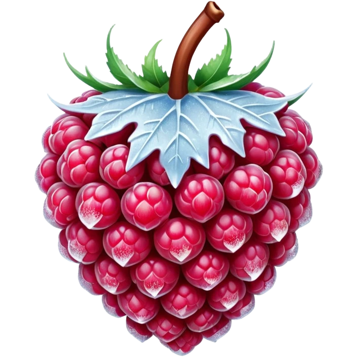 frozen raspberry single or small cluster, deep red to pink, covered in fine frosty ice crystals, matte textured surface, plump and intact, visible frozen detail, clean 3D rendering, soft lighting, subtle shadows, transparent background, emoji scale, optimized for clarity and frosty freshness emoji