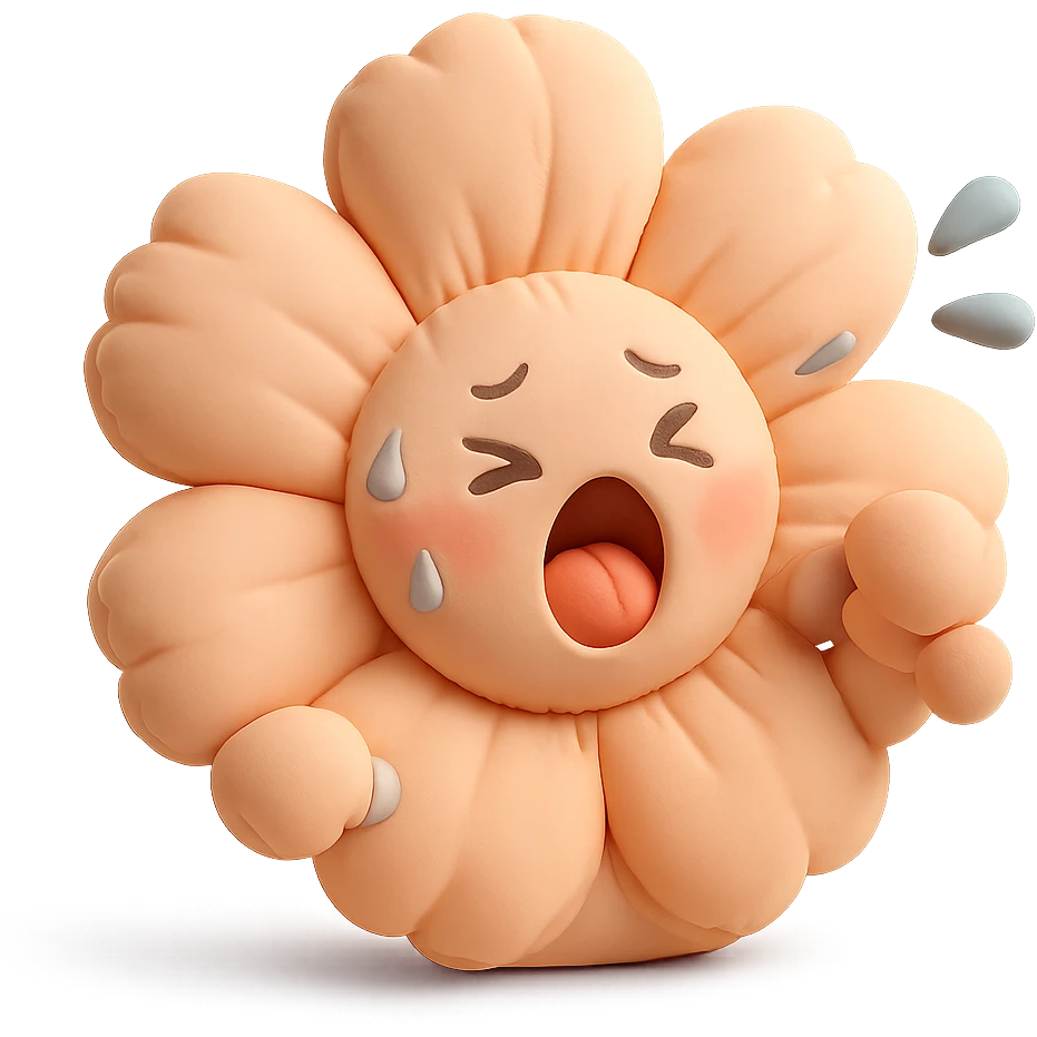 soft peach cosmos flower with a flushed, panting face doing exercise, sweat flying off in exaggerated style, gentle pastel palette, cushion style emoji
