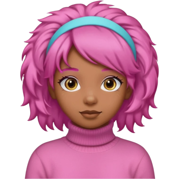 brown fluffy haired girl with pink turtleneck sweater and pink hair band emoji
