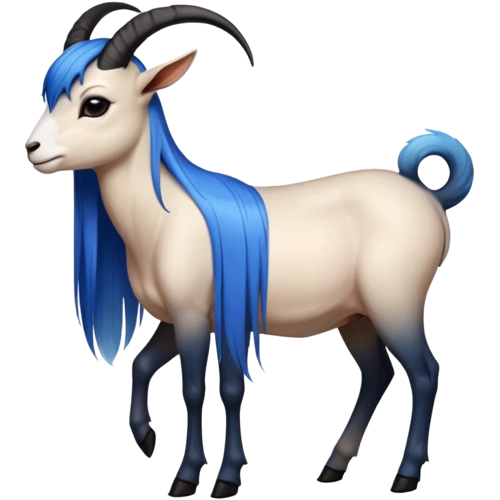 Art of woman's very sexy body scheme anatomy-very long straight black to blue hair ombre-left side view-small goat horns emoji