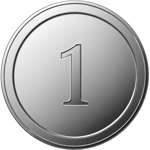 Emoji icon of a metal coin with engraved number 1, minimalist style, isolated, only metal color emoji