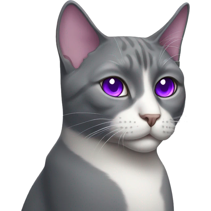 Grey tuxedo cat with one purple eye emoji