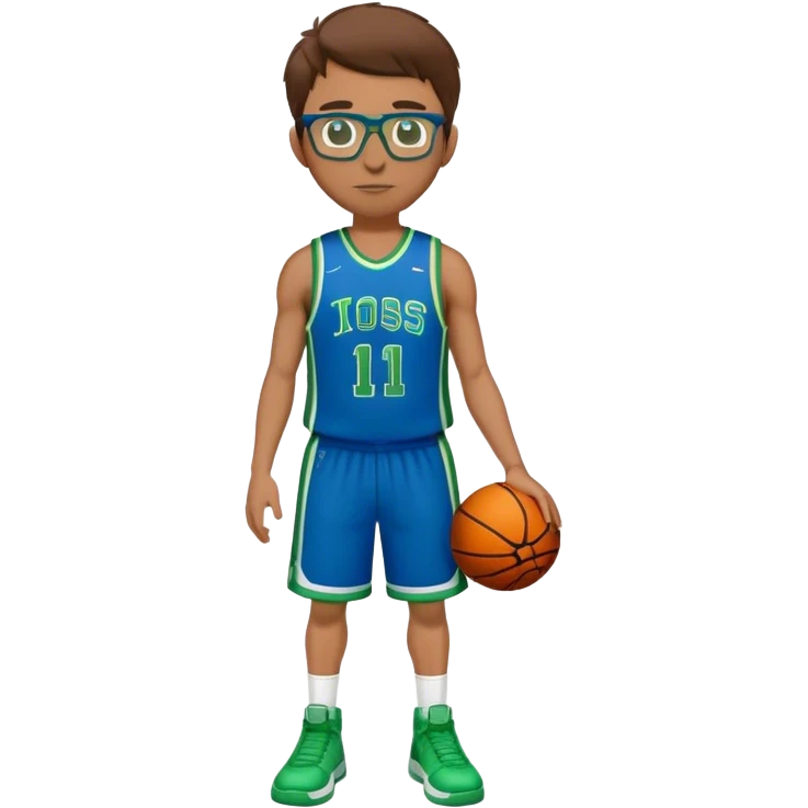 full body white male basketball player with brown hair wearing glasses in blue an green uniform emoji