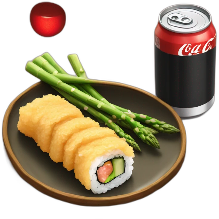 Asparagus tempura sushi with coke can on the side  emoji