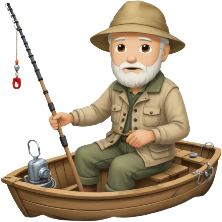 an old white haired, bearded man in fisherman attire, sat in a big boat on the ocean, casting a fishing line into the water emoji