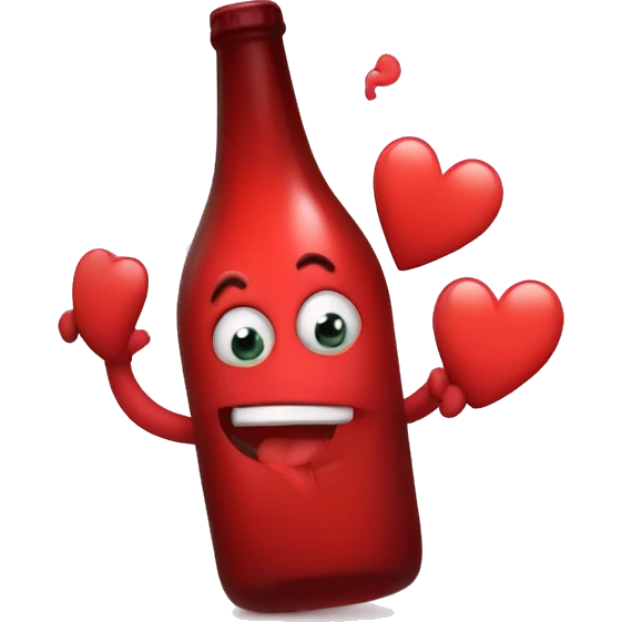 A red heart ❤️ with eyes, a mouth, and hands, tipsy and drunk, holding a bottle, looking wobbly and playful emoji