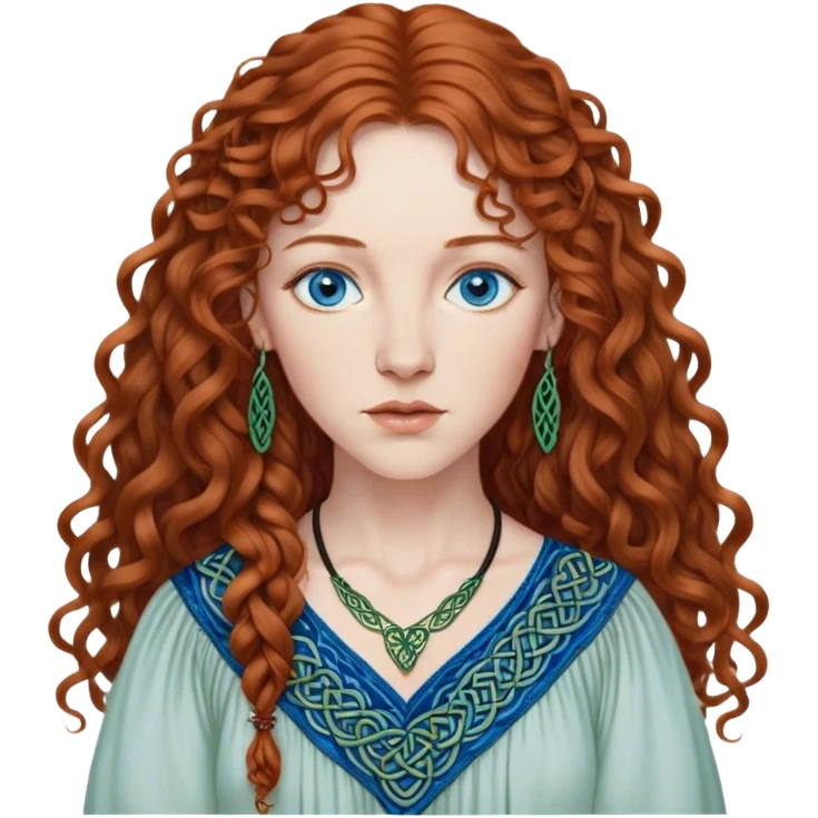 a detailed portrait of loreena mckennitt, focusing on her upper half. she has long, curly auburn hair, fair skin, and piercing blue eyes. wearing a flowing blouse with Celtic-inspired embroidery, highlights her serene and contemplative expression emoji