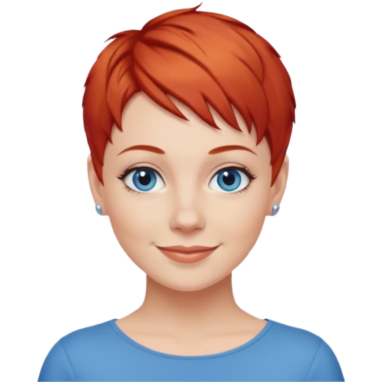 27 year old white woman, red hair, pixie cut, blue eyes emoji
