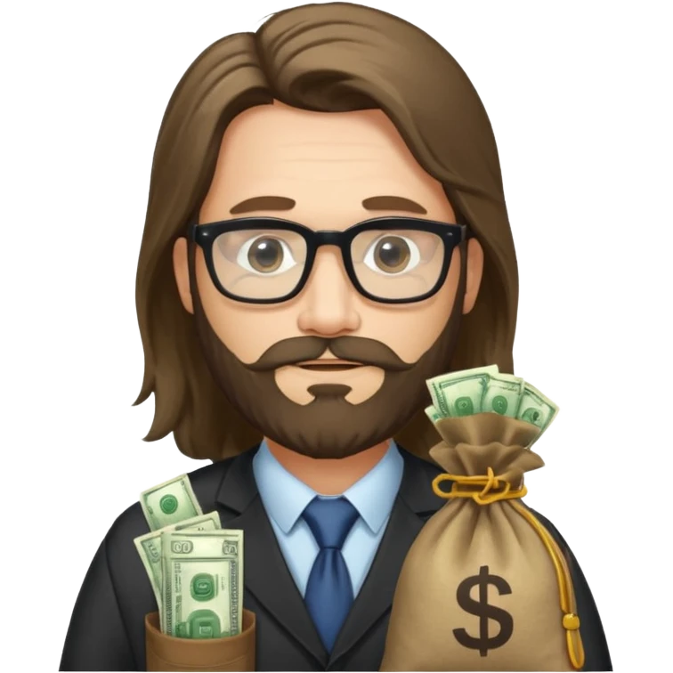 Un emprendedor (emoji con ordenador) de unos 50 años con barba y pelo largo más gafas de pasta y con un icono de ordenador y una bolsa de dinero emoji