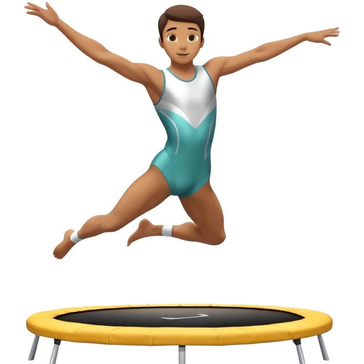 An athletic person soaring high above a trampoline, executing an acrobatic flip with perfect form. The scene captures motion and energy, with a dynamic pose, stretched limbs, and a focused expression. The background suggests a professional trampoline arena with safety padding. emoji