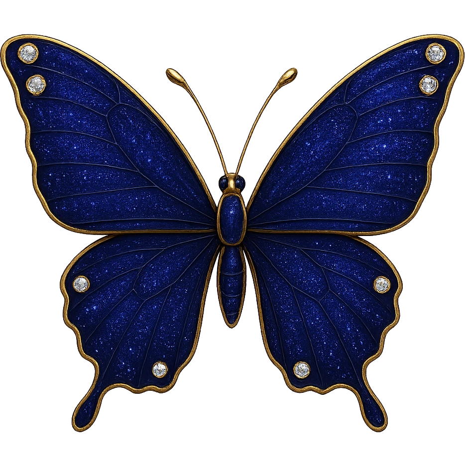 single indigo butterfly, rich dark blue enamel, sparkling gems emoji