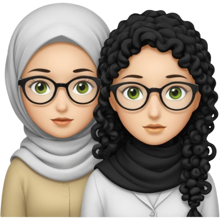 White hijabi girl with black eyes and black long hair white girl and black eyes wearing glasses and a white skin girl with curly honey hair and green eyes emoji
