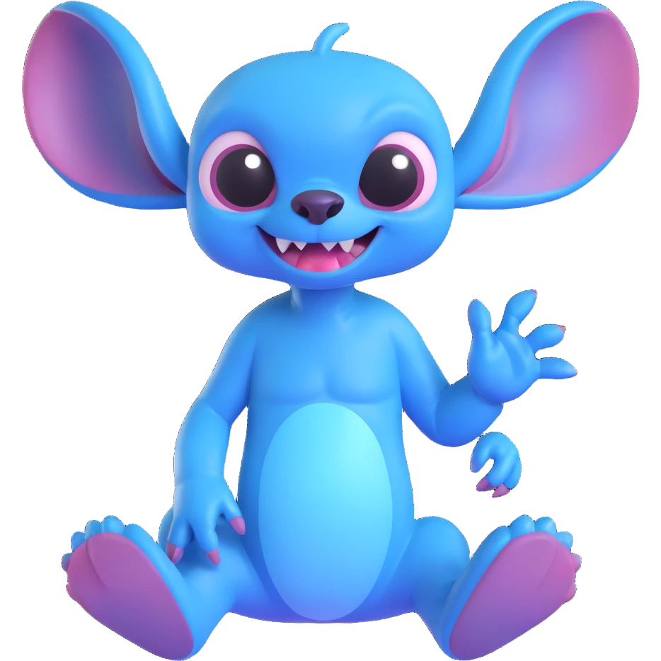 Stitch, the blue alien, in a mischievous pose, 3D style emoji