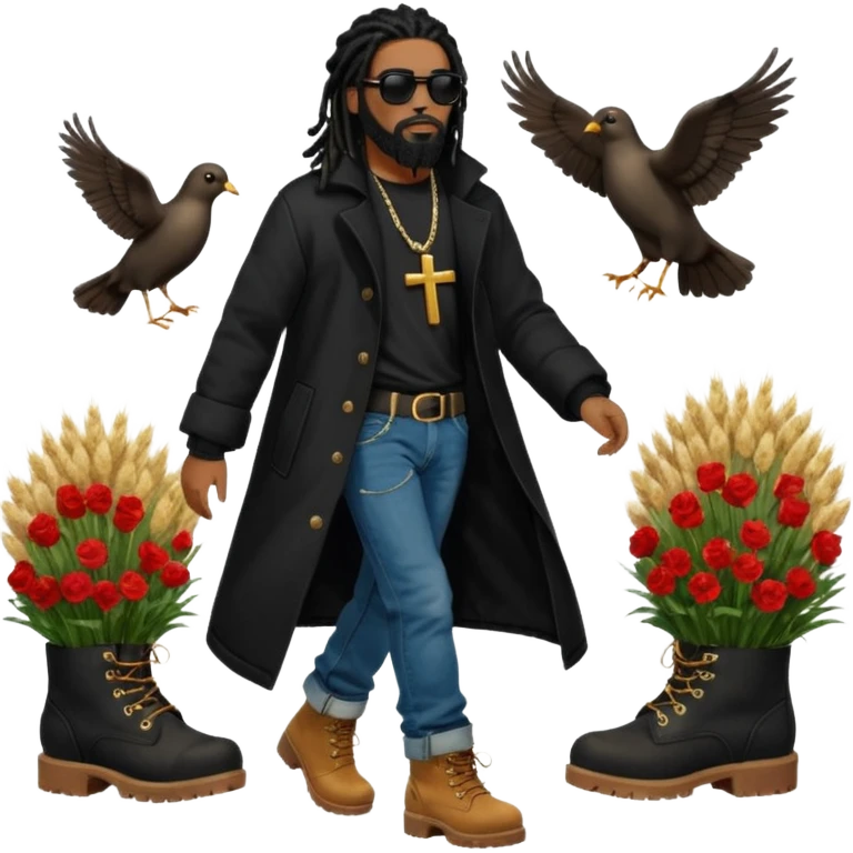 African American man with shoulder length black dreadlocks with black beard wearing black sunglasses wearing a black bubble winter coat wearing denim skinny jeans wearing wheat timberland boots walking with a dove and African American Jesus Christ behind him emoji