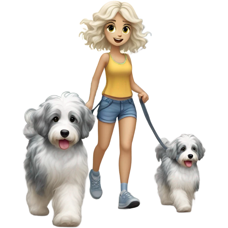 Blonde girl walking blue Merle aussiedoodle  emoji