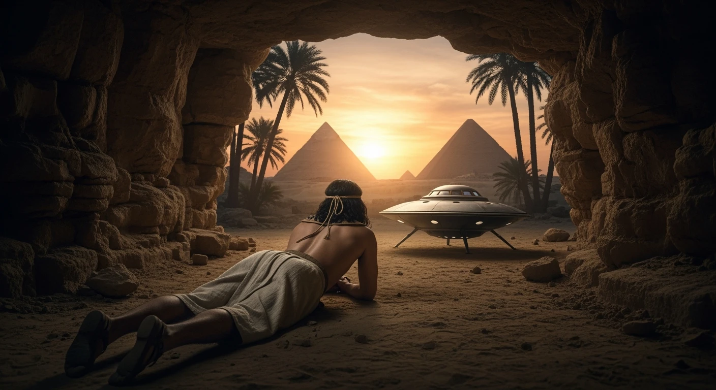 cinematic still, documentary photography, acient egypt, back shot of a man dress in ancient clothes in cave on ground laying front of small ufo starship, palms, dynamic scane, leading lines, captured by arri alexa, depth layers, piramids in babckground emoji