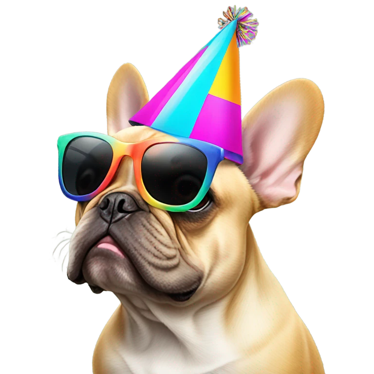 French bulldog wearing sunglasses wearing a party hat emoji
