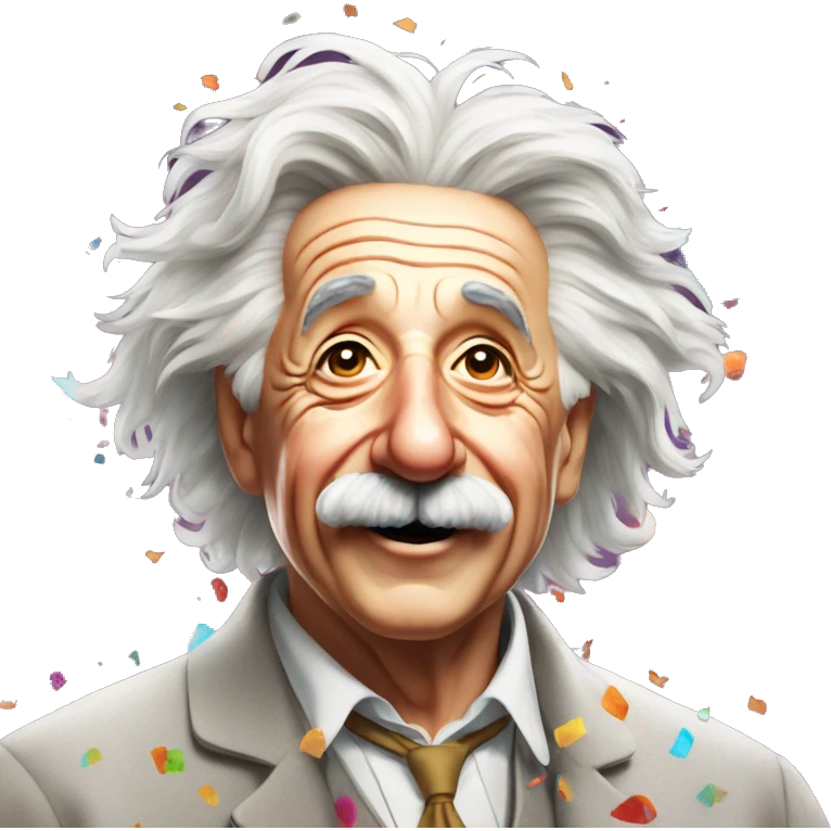 happy albert einstein standing and everywhere colorful confetti emoji