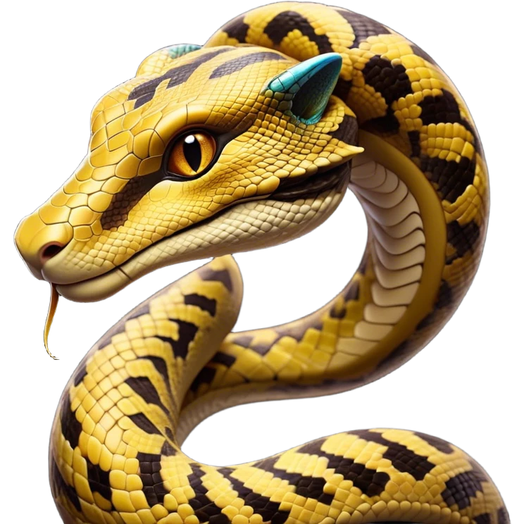 Cinematic Noble Python Portrait Emoji, Poised and regal, with a powerful, sinuous body adorned in intricate scale patterns and piercing, focused eyes, Simplified yet sharp and sophisticated features, highly detailed, glowing with a soft, earthy glow, high shine, intelligent and formidable, stylized with an air of primal elegance, focused and commanding, soft glowing outline, capturing the essence of a watchful and confident serpent that appears ready to coil out of the screen with effortless authority! emoji